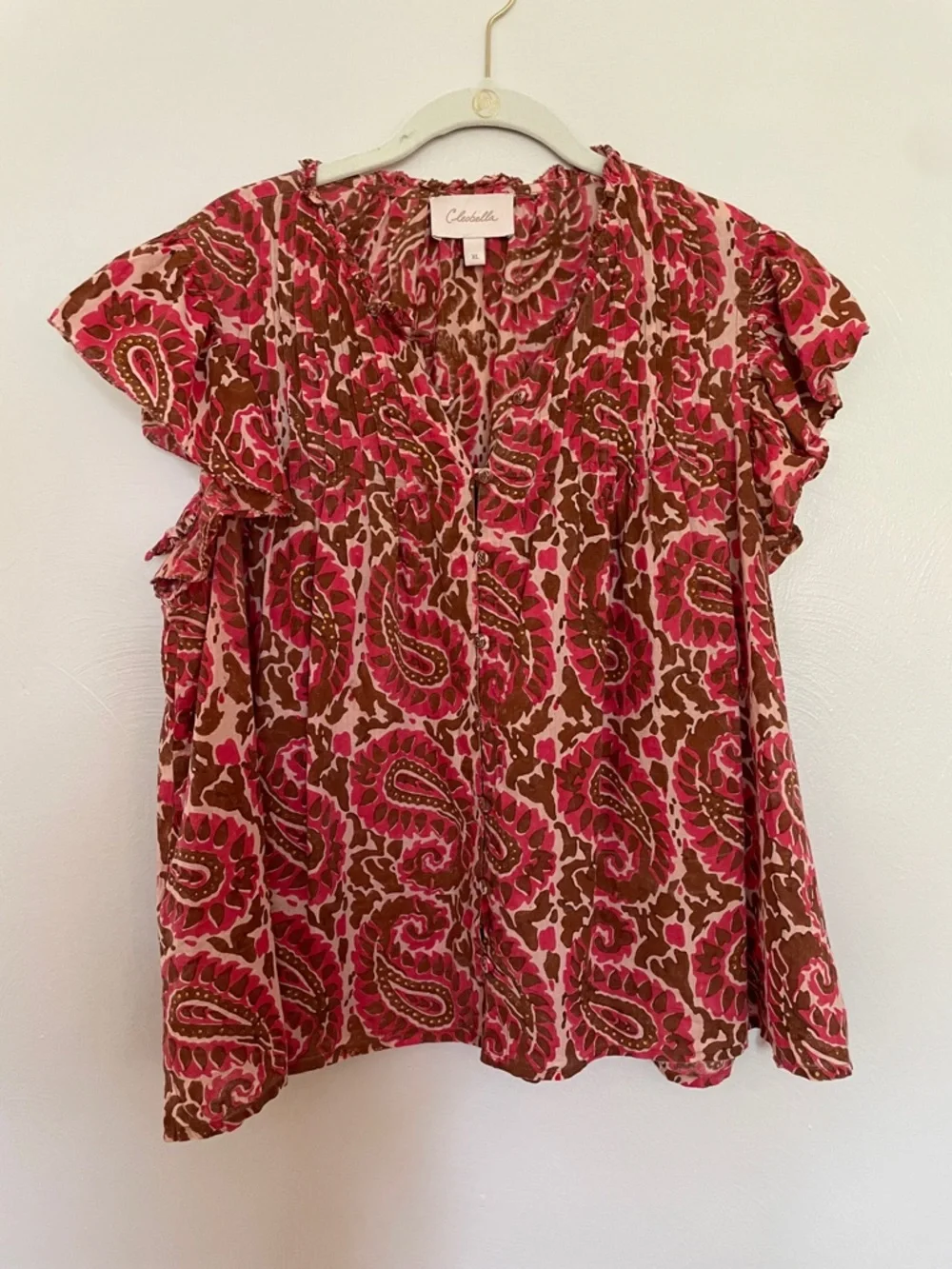 Cleobella Pink and Brown Paisley Ruffled Sleeve Blouse - Picture 1 of 4